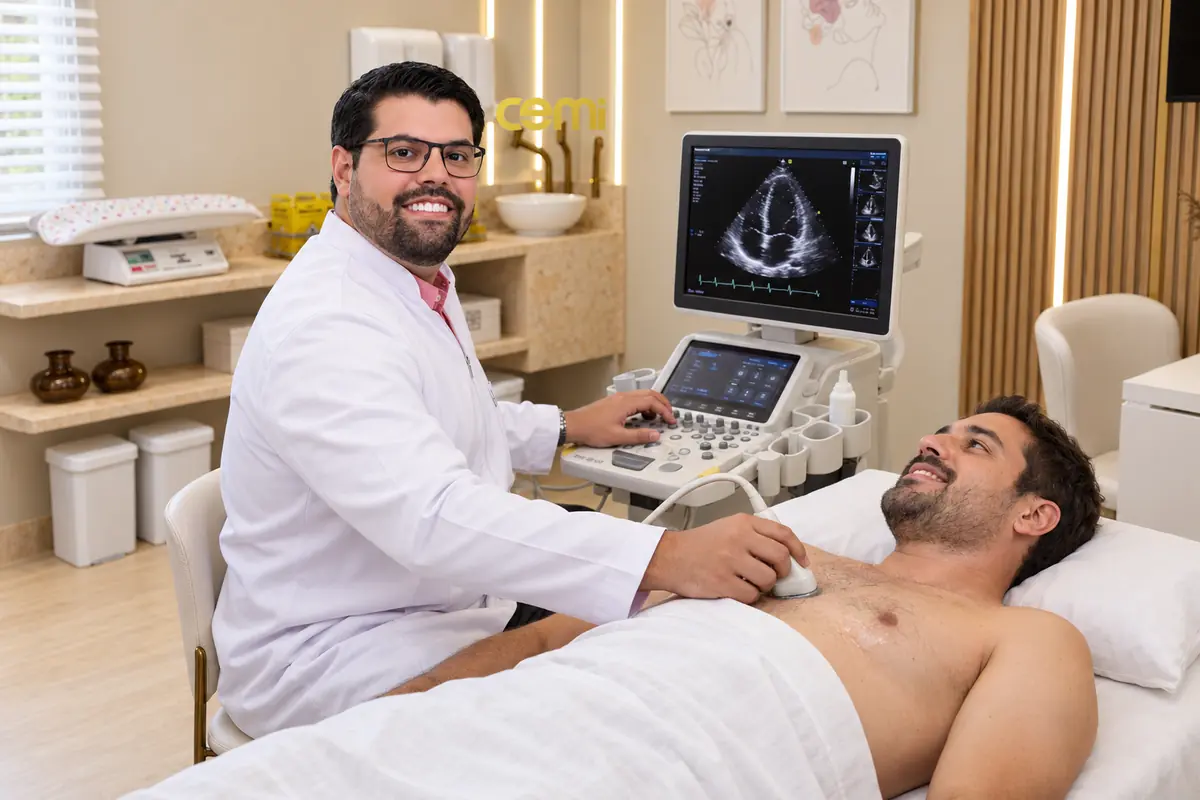 Cardiologista da CEMI realizando ecocardiograma em paciente deitado na maca