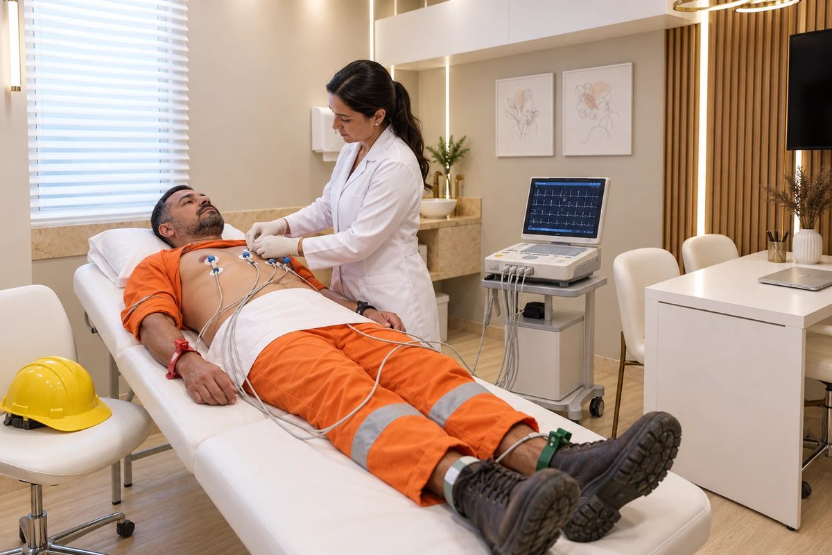 Enfermeira posicionando eletrodos para eletrocardiograma em trabalhador uniformizado
