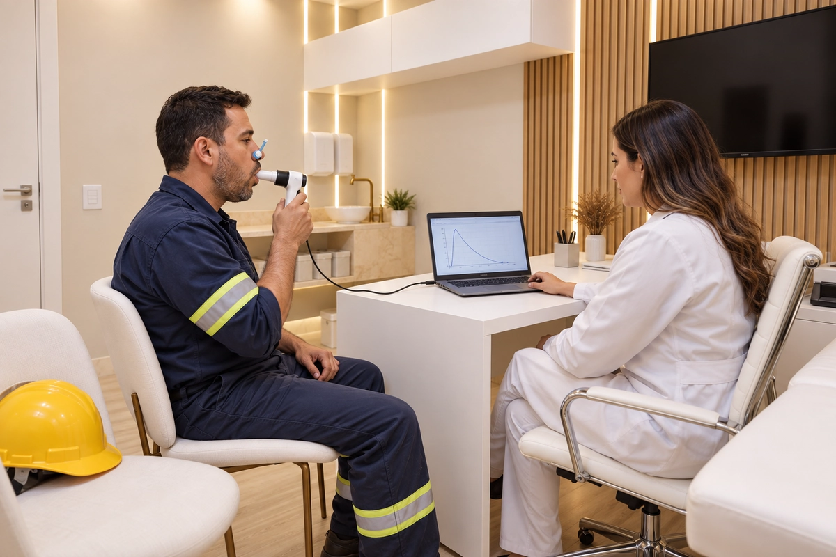 Trabalhador realizando exame de espirometria acompanhado por profissional da CEMI